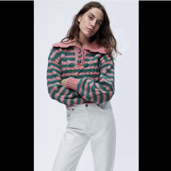 ZARA Striped Cable Knit Sweater Cropped Pink Teal Soft Women's Small S Retro - Picture 4 of 9